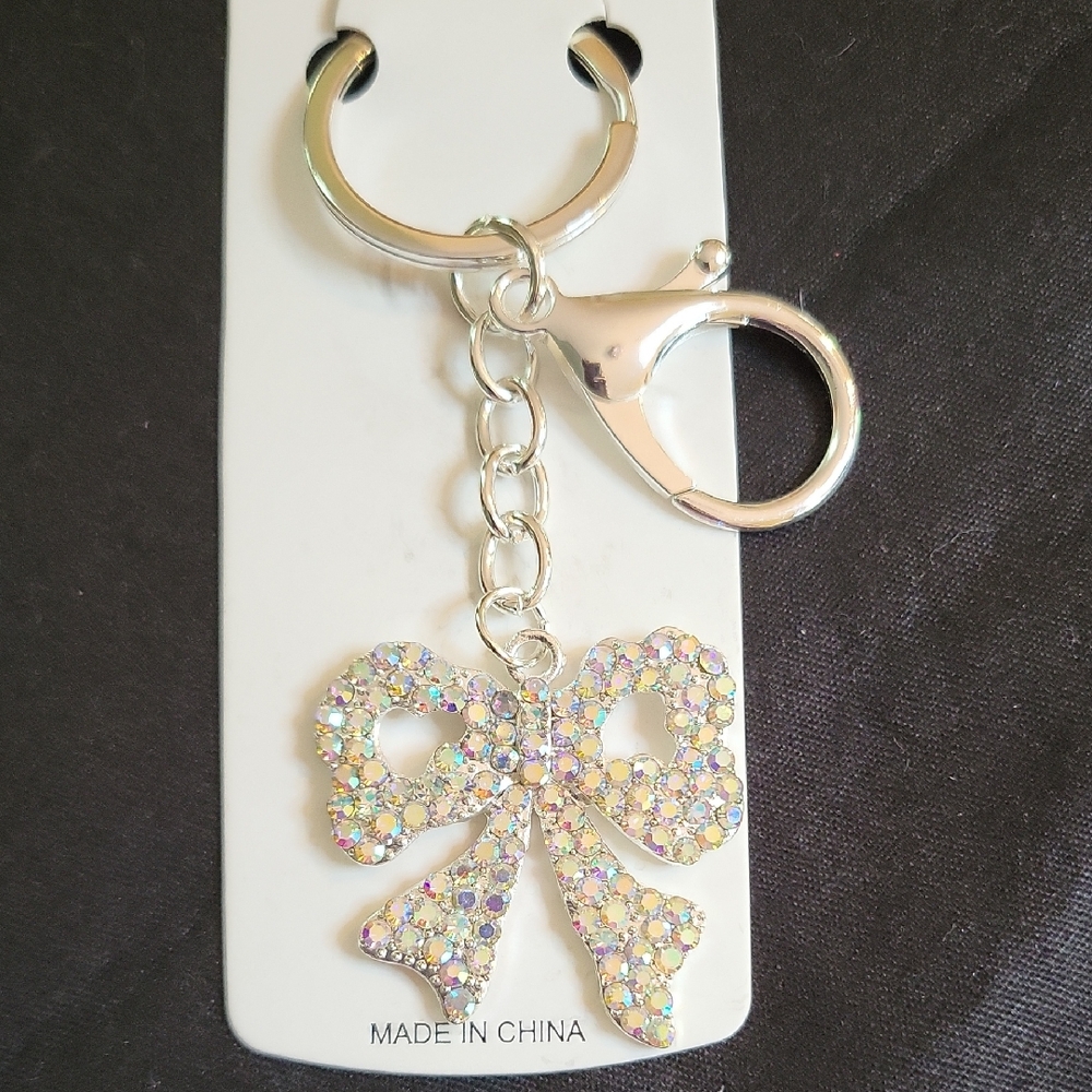 Silver Iridescent Rhinestone Bow Bag charm/Keychain NWT